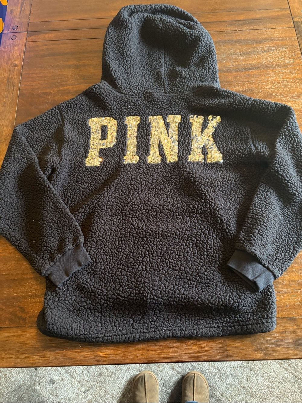 Victoria’s Secret PINK Sherpa Hoodie Small Black Sequin Spellout Quarter Zip